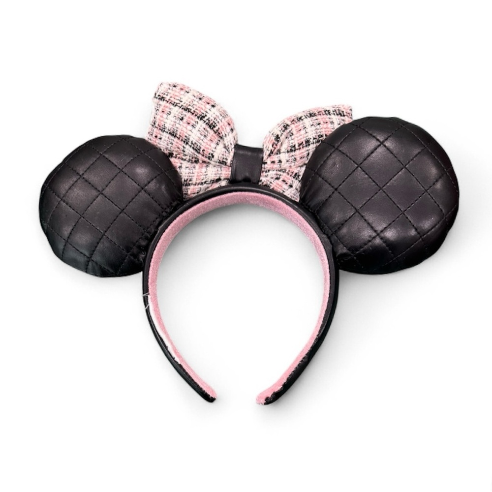 Disney Parks Minnie Mouse Faux Leather Pearls Tweed Bow Ears Headband Barbiecore - Picture 2 of 3